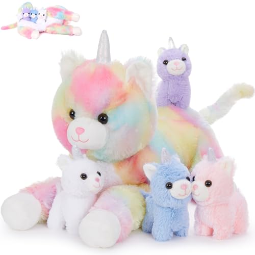 MorisMos Katze Einhorn Kuscheltiere mit 4 Baby im Bauch, 60cm Weich Plüsch Cat Unicorn Stofftier, Kuschelig Kätzchen Einhorn Spielzeug, Weihnachten Geburtstag Geschenk für Kinder