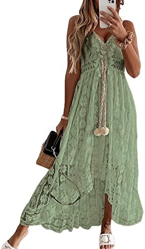 CUPSHE Damen Sommerkleid Boho Spitze V Ausschnitt Ärmellos Strandkleid | Maxikleid mit floraler Spitze, dekorativen Quasten, verstellbaren Trägern und gesmoktem Rücken für Hochzeit