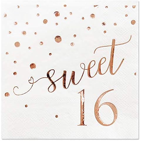 16th Birthday Cocktail Napkins Rose Gold Foil Confetti & Sweet 16 | Sixteen Bday Celebrations Party Favor Supplies & Decorations | 50-Pack 3-Ply | Folded 5 x 5 Inches Disposable Paper Beverage Napkin Cover