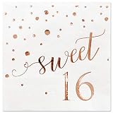 16th Birthday Cocktail Napkins Rose Gold Foil Confetti & Sweet 16 | Sixteen Bday Celebrations Party