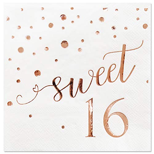 16th Birthday Cocktail Napkins Rose Gold Foil Confetti & Sweet 16 | Sixteen Bday Celebrations Party Favor Supplies & Decorations | 50-Pack 3-Ply | Folded 5 x 5 Inches Disposable Paper Beverage Napkin