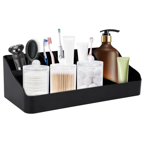 Yallmie Porta Spazzolini Bagno, Porta Spazzolino Elettrico con Fori di Drenaggio Portaspazzolino con 3 Contenitori per Cotton Fioc Organizer da Bagno Portadentifricio Da Bagno Per Bagno (Nero)