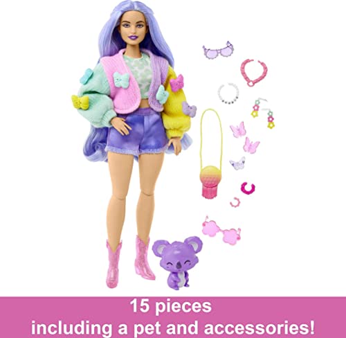 Barbie® Doll with Pet Koala, Extra, Kids Toys, Clothes and Accessories, Wavy Lavender Hair, Colorful Butterfly Sweater, Pink Boots