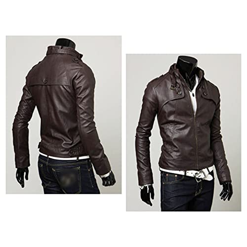 Maiyifu-GJ Men Stand Collar Faux Leather Jacket Regular Fit Stylish Motorcycle Jackets Lightweight Pu Vintage Outwear Coat (Dark Brown,Small)3