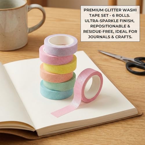 6 Rollen Glitzer Washi Tape Set – Buntes Glitzer Masking Tape für DIY, Bullet Journals, Scrapbooking, Geschenkverpackungen und Dekorationen (6 Farben)