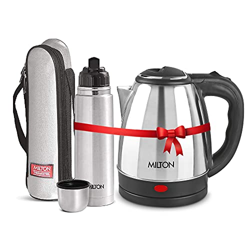 Image of Milton Combo Set Go Electro Stainless Steel Electric Kettle, 1.8 Litres, Silver and Flip Lid Thermosteel Hot or Cold Stainless Steel Water Bottle with Jacket, 1 Litre, Silver