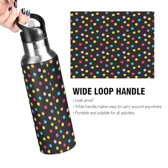 Crayon Polka Dots Black Insulated Stainless Steel Water Bottle with Straw 32 Oz Leakproof Water Bottles, BPA-Free Sports Water Bottle with Straw