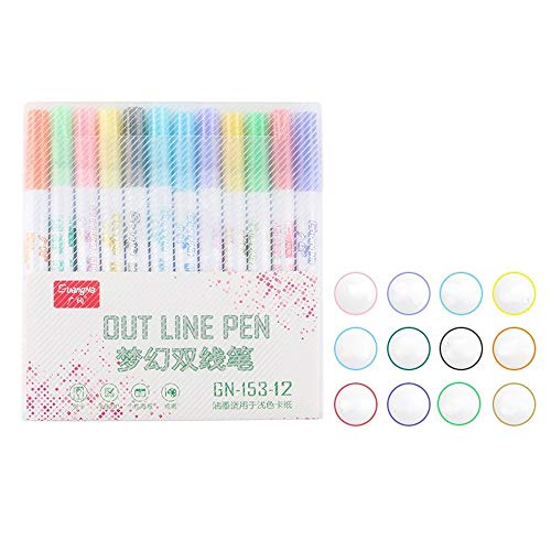 Sproud Outline Pens, Glitter Pens for Kids, Metalic Marker Pens, Doodle Dazzles Shimmer Marker Pens Set, 12 Colors Double Line Paint Permanent Marker Pens for Gift Card (0.7mm)