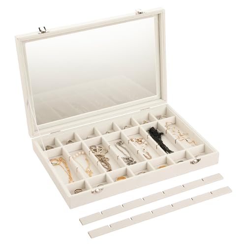 Frebeauty Velvet Jewelry Tray,35 Grid Jewelry Organizer with Clear Lid,Earring Holder Organizer Case with Clasp,Drawer Insert for Rings Studs,13.8 x 9.5 x 2 Inches,Gift for Women Girls(Beige) by Frebeauty - Used condition - Image 5