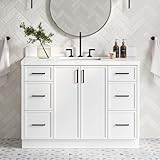 ARIEL Kelly 48-Inch Slim Shaker Design Bathroom Vanity in White with Rectangle Sink, 1.5-Inch Edge Carrara White Quartz Countertop & Backsplash, Soft-Closing Doors & Dovetail Drawers, Matte Black