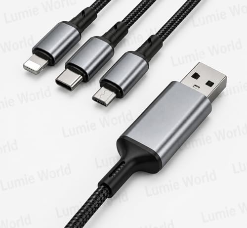 Image of 3 in 1 Fast Charging Cable 100W, USB to Type C + Lightning + Micro USB, Braided Multi Charging Cable for iPhone, Samsung, OnePlus, Xiaomi & Android Devices, Universal Charger Cable, 1.2M