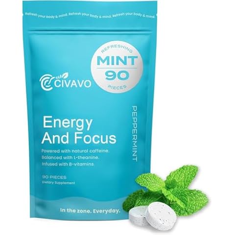 Energy Caffeine Mints with L-Theanine, Caffeine, Vitamin B12 & B6 - Nootropic Supplement for Energy and Focus - Mint Flavor - Vegan & Gluten-Free - (90 Pieces) Cover
