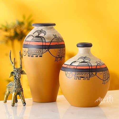 Image of Aakriti Art Creations Yellow Madhubani Terracotta Vase Set of 2 | Handmade Decorative Flower Vases with Folk Art Design | Matte Finish Table Decor for Living Room, Shelf Styling & Housewarming Gifts