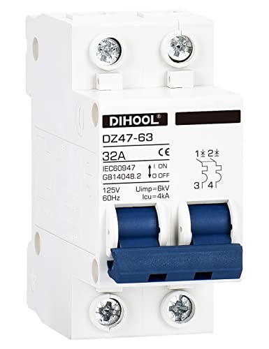 Dihool Din Rail Mount Miniature Circuit Breaker 32 Amp 2 Pole Ac 110V Low Voltage Disconnect Switch #TOP5