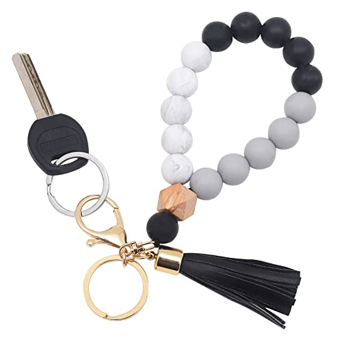 Image of BAOSIWA Silicone Key Ring Bracelet Wristlet Keychain Unique Beaded Bangle Key Chains for Women with Leather Tassel