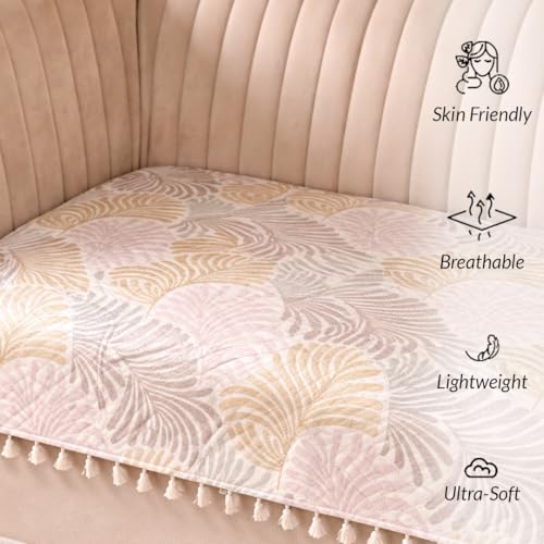 Image of HOMEMONDE 1 Seater Quilted Velvet Printed Sofa Cover with Tassels |Soft, Durable & Premium Fabric with Tassels | Sofa Cover Mats for Living Room, Bedroom & Drawing Room (76 X 61 CM, Opal Palms)
