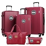 Vallsero Koffer Set, Gepäck Set, Trolleys, Reise Koffer 5tlg, ABS, TSA-Schloss, Enthält 1 Reisetasche und 1 Kulturbeutel, 4 Rollen, Aluminium-Teleskopgriff (Burgunderrot)