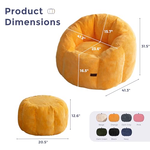 Image of MAXYOYO Giant Bean Bag Chair with Ottoman, Pumpkin-Shaped Bean Bag Sofa with Footstool, Oversized Boneless Couch Chair in a Box, Comfy and Lazy Lounge for Dorm, Living Room, Bedroom, Orange
