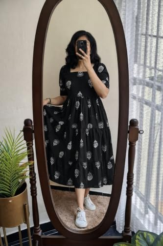 Image of Women's Rayon Printed A-Line Kurti Midi Dress