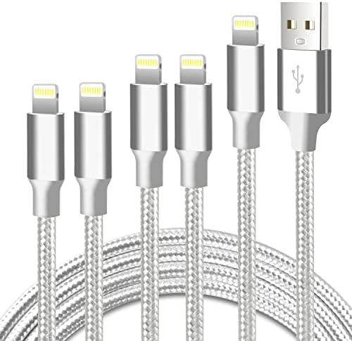 cugunu iPhone Charger, 5 Pack 3/3/6/6/10FT Apple MFi Certified USB Lightning Cable Nylon Braided Fast Charging Cord Compatible for iPhone 14/13/12/11/X/Max/8/7/6/5/SE/Plus/iPad - Silver