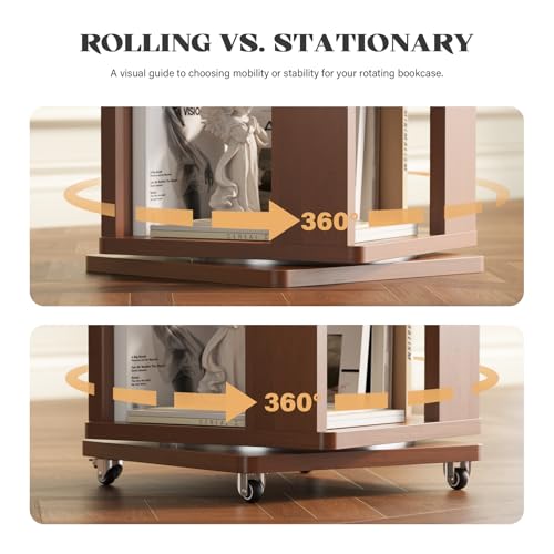 5 Tier Solid Wood Rotating Bookshelf Tower on Wheels, 360° Upgrade Spinning Book Shelf, Revolving Bookcase Organizer, Swivel Bookshelves for Small Spaces, Corner, Bedroom, Kids Room, Office (Brown) — view 4