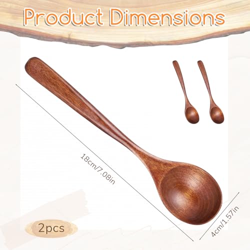 Image of Thinp 2 Pcs Wooden Spoons for Eating, 7 Inch Wood Soup Spoons Long Handle Wood Teaspoons Woods Table Spoon for Cooking Wooden Serving Spoon for Tea Coffee Honey Desserts Cereal