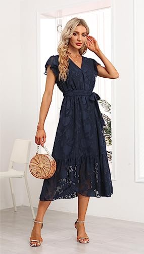 Image of VintageClothing Womens Sundress Casual Floral Summer Boho Dress | Flowy Wrap V Neck Ruffle A-Line Pleated Hem Midi Dresses