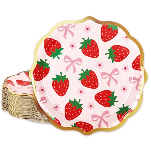 FYSUIMU 30Pcs Strawberry Bow Paper Plate Summer Fruit Scalloped Gold Foil Disposable Plate Coquette Red Pink Dinnerware Plates for Summer Bachelorette Wedding Birthday Party Supplies Table Decor, 9 In