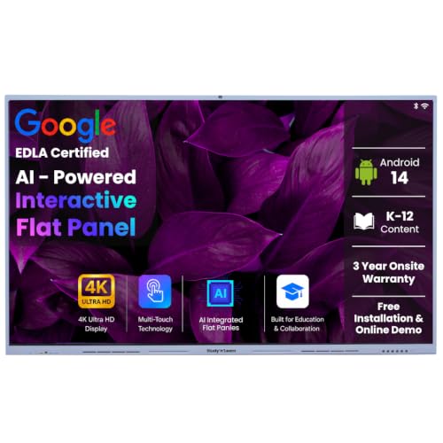 Image of Studynlearn EDLA 86 Inch AI Ultra 4KHD Interactive Flat Panel with 48MP Camera & Mic, Android14.0 Multitouch Screen Display 8GB RAM 128GB ROM 20W-2 Speaker|USB, VGA, Display Ports |K12 Digital Content