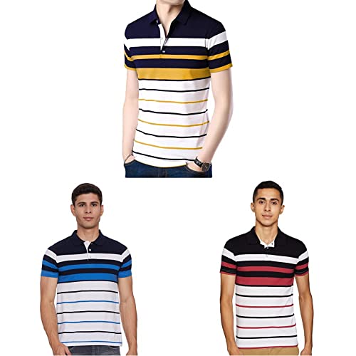 Image of EYEBOGLER Men's Striped Regular fit T-Shirt (T285HS White Darknavy Indigo Royal S) EYEBOGLERMenRegularT-Shirt (Pack of 2)