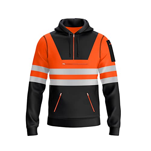 mymixtrendz Hi Vis Mens Pullover Hoodie Reflective Tape Safety Work Multi Zipped Pockets Drawstring High Viz High Visibility Hoodie Sweatshirt