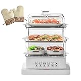pedenencelia Food Steamer,40l,360° Steam Cycle Electric Steamer,with 3 Stainless Steel Steaming Plates,A Pair of Heat Insulating Gloves,12 Hour Reservation,6 Preset Modes