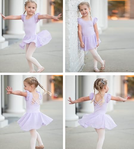 Image of Arshiner Girls Shiny Ruffle Sleeve Ballet Leotard with Skirt Criss-Cross Back Dance Dresses
