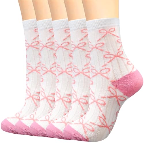 5 Pairs Coquette Socks for Women Pink Bow Socks Set Cotton Breathable Cute Mid Stuff Gift for Sleeping Home Women Girl