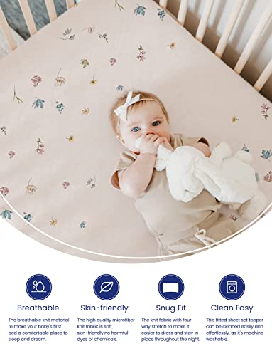 Image of TotAha Premium Stretchy Crib Sheets (2-Pack)-Hypoallergenic, Silky Comfort, Buttery Soft, Calming Effect, All-Season Jersey-Knit Sheets, 28 X 52 X 9'' (Blue Flower & Small Floral)