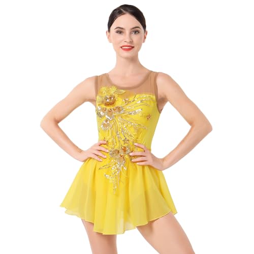 Figure Skating Dress for Women Ice Skating Costume Shiny Sequins Flower Dance Leotard Gradient Mesh See Through Chiffon Flowy Skirt Ballerina Gymnastics Competition Dancewear Yellow S