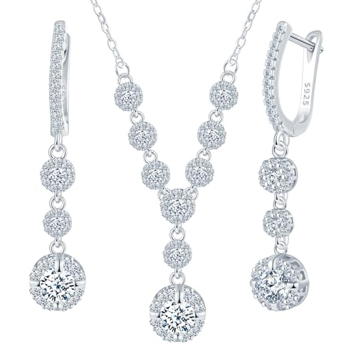 MicLee Collares colgantes y pendientes con circonitas brillantes para mujer: Juegos de joyas de plata 925 - Pendientes y collar circonitas - Joyas de boda elegantes - Joyas de fiesta plata