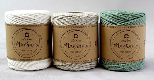 Colorhome Makramee Garn 3 Stück - 100 m Baumwollgarn Baumwollkordel 2 mm 3-Fach - Ecru Beige Eukalyptus