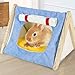 SEZDEKI Rabbit Tent Wood Guinea Pig Hideout Large with Curtain & Cushion Easy to Assemble Small Animal House Cage Accessories for Pet Bunny, Ferret, Rat, Chinchilla, Squirrel (Blue, Large)