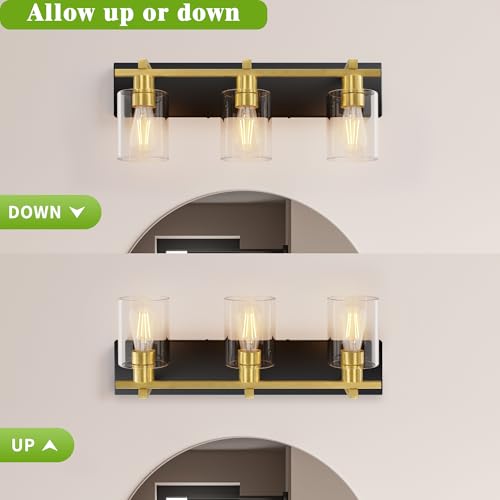 Image of Bathroom Vanity Light,3 Light Matte Black and Gold Light Fixture with Thickened Clear Glass Shade, 21 inch Modern Wall Sconce, Bathrooms Vanity Light Over Mirror for Bathroom