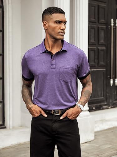 Hardaddy Men's Business Casual Polo Shirt with Pocket Short Sleeve Work Tops with Collar Contrast Color Basic Pullover Tee Slim Fit Purple XXL — view 2