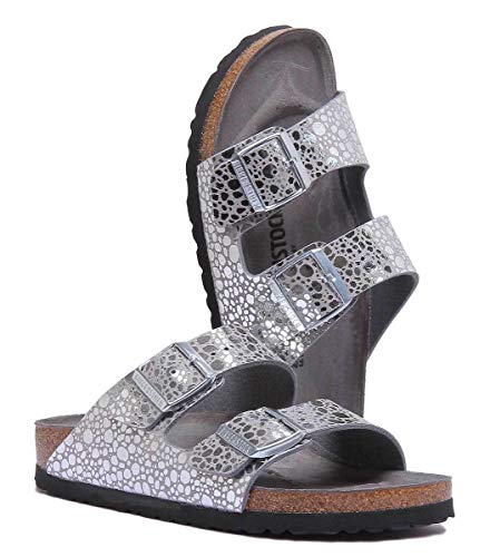 Image of Birkenstock Women's Heels Open Toe Sandals, Silver Metallic Stones Silver Gray Metallic Stones Silver Gray, 7.5 Narrow