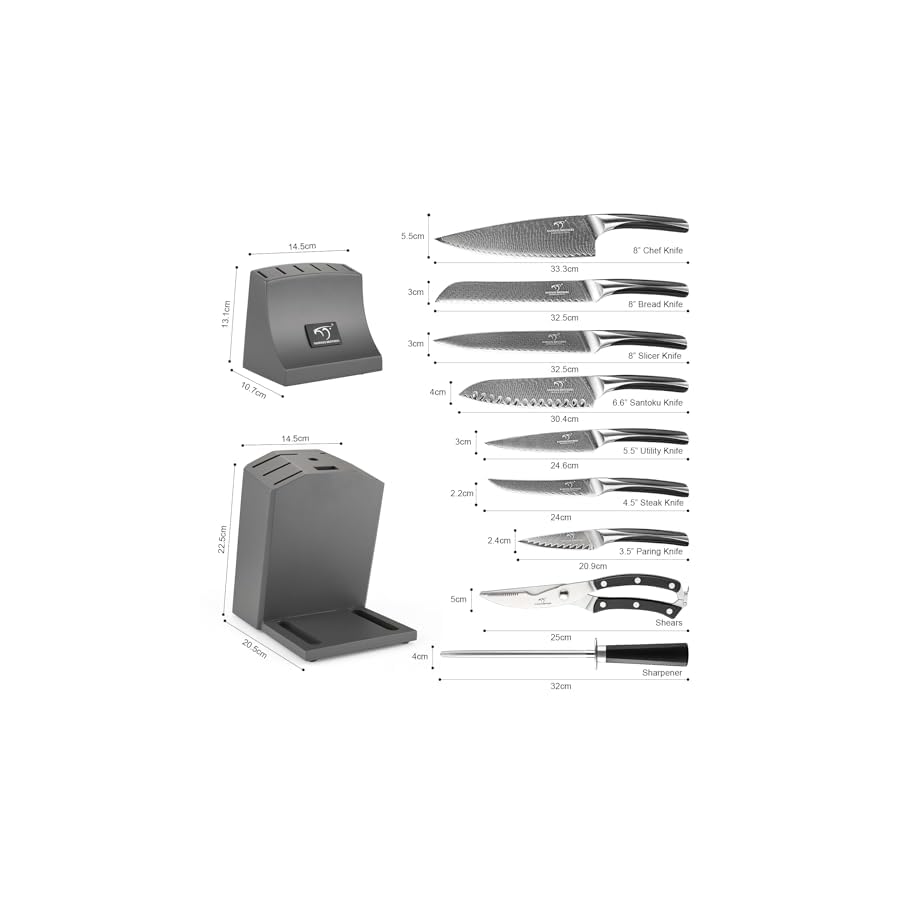 NF NANFANG BROTHERS Knife Set, 15-Piece Damascus Kitchen Knife Set with Block, ABS Ergonomic Handle for Chef Knife Set, Carving Fork, Disconnect-type Knife Block Set (Grey)