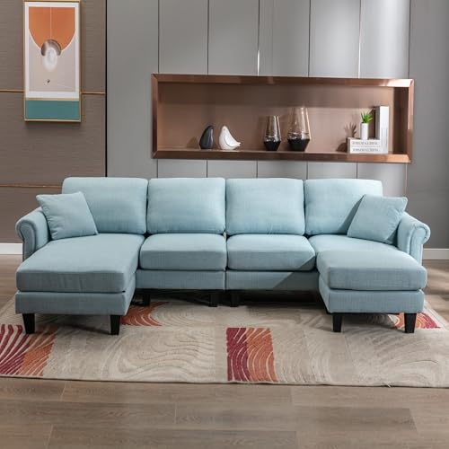 Image of Nathan 6 Seater L Shape Sofa with Centre Table | 6 Seater Sofa Set for Living Room (Nathan LightBlue, LHS)