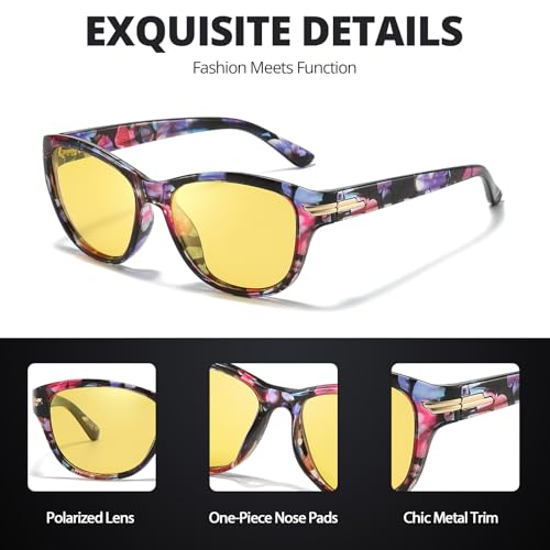 HASFOX Night Vision Driving Glasses for Women Men, Yellow Anti Glare Polarized Cateye Night Time Glasses UV Protection H23174