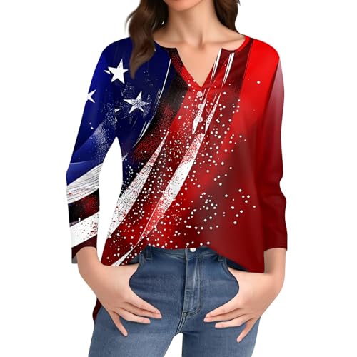 Image of 4th of July Shirts Women 3 /4 Length Sleeve Womens Tops Henley Neck Casual Patriotic T Shirts