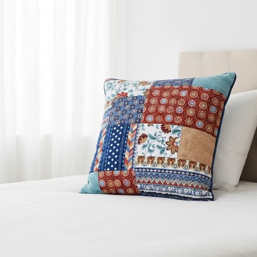 DaDa Bedding Mediterranean Patchwork Floral Euro Pillow Sham - Colorful Rustic Bohemian Vibes Garden Botanical - Bright Navy Blue & Brick Red Orange Brown - 26" x 26"