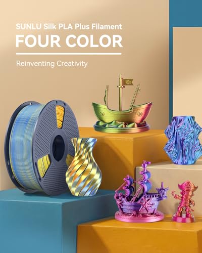 Image of SUNLU Silk PLA+ Filament 1.75mm, Chrome Like Gloss Finish, Smooth Silk Texture, Four Color Appearance from Different Angles, 1kg(2.2lbs) PLA Plus 3D Printer Filament, Red Yellow Green Black