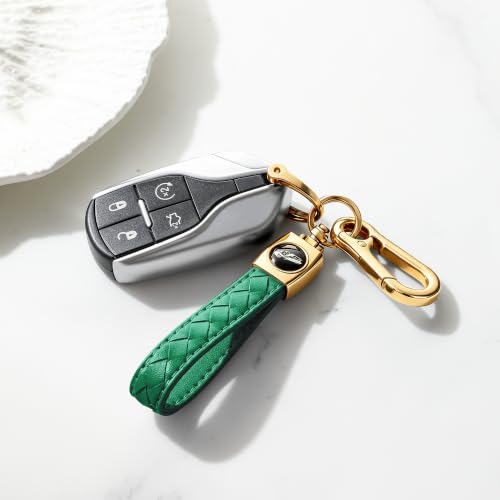 Image of Gkeygo Carabiner Keychain, Universal Heavy Duty Woven Handmade Leather Key Chain, Car Fob Key Keychains with 360 Degree Rotatable Snap Swivel and Anti-Lost D-Ring for Men and Women,Light Gold - Green