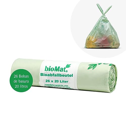 bioMat Bolsas de Basura Compostables 20l con Asas, 26 Bolsas, Certificado DINplus, Climáticamente Neutro, Fabricado en Alemania
